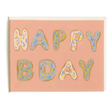 Happy Bday card featuring colorful donut-shaped letters on a pink background.