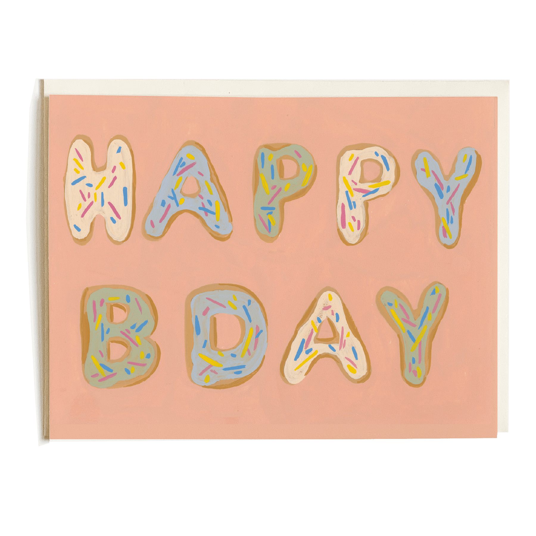 Happy Bday card featuring colorful donut-shaped letters on a pink background.