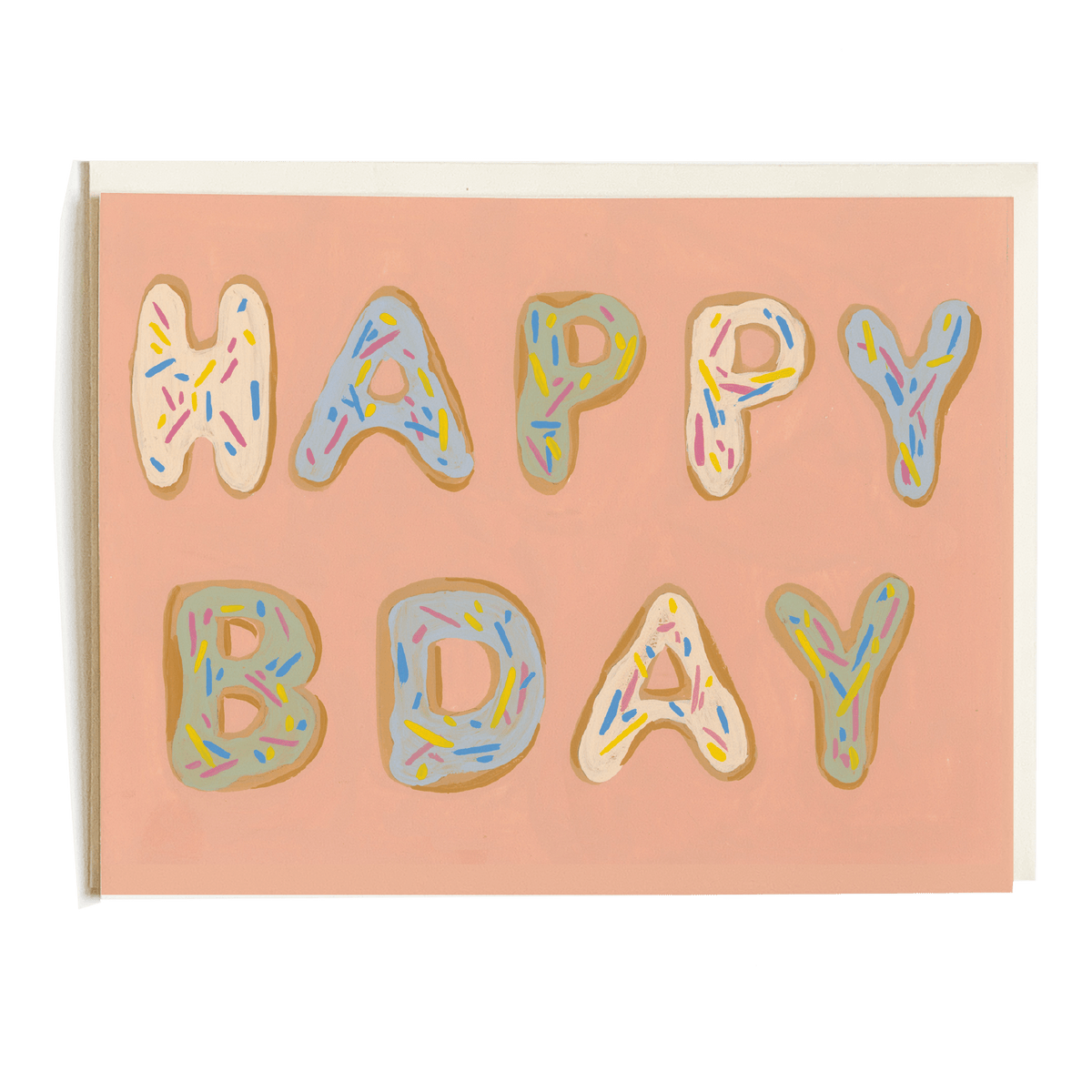 Happy Bday card featuring colorful donut-shaped letters on a pink background.