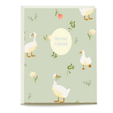 Duck thank you card featuring illustrated ducks and floral patterns on a light green background with "Beyond Grateful" text.