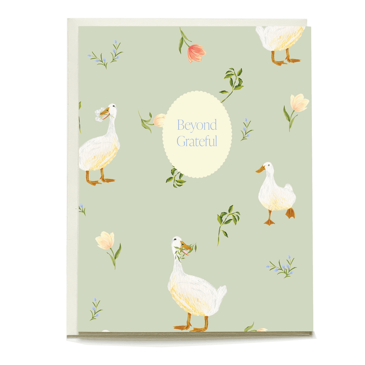 Duck thank you card featuring illustrated ducks and floral patterns on a light green background with "Beyond Grateful" text.