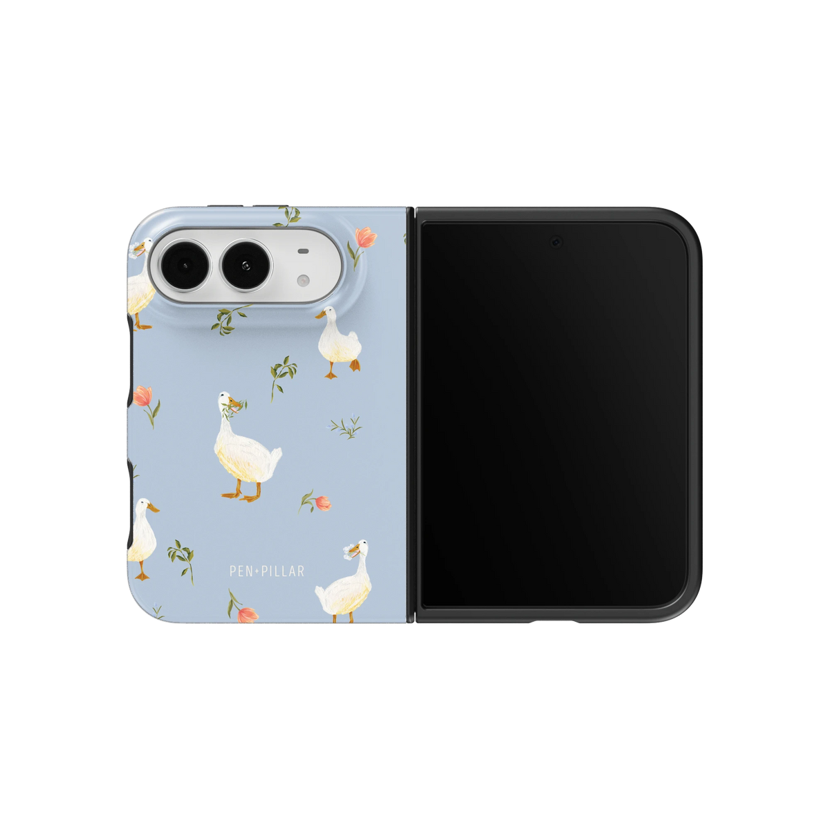 Ducks iPhone 18 Duo case on an unfolded iPhone 18 Duo, back and screen side by side: white ducks and small flower sprigs on soft blue