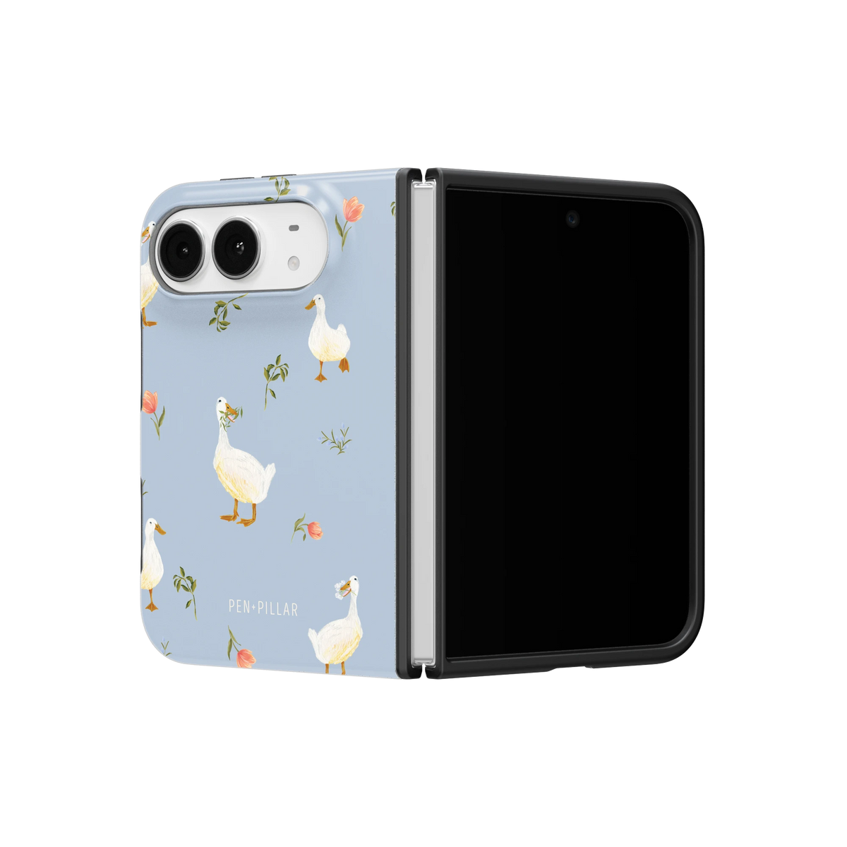 Ducks iPhone 18 Duo case on a half-open iPhone 18 Duo, angled view
