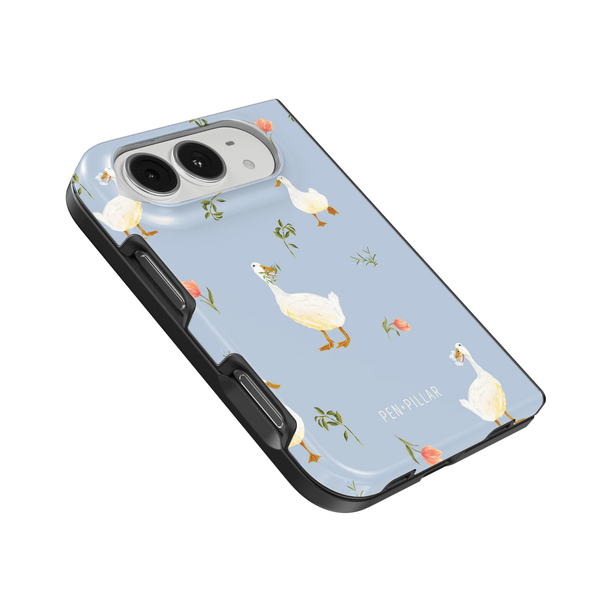 Ducks iPhone 18 Duo case, angled view showing the camera surround and side buttons