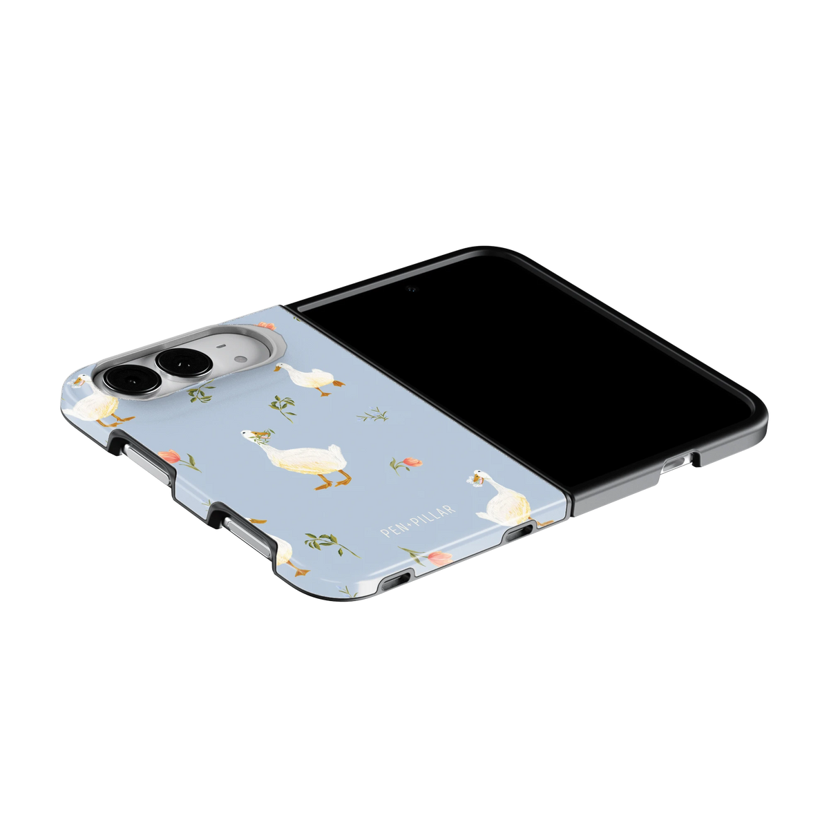 Ducks iPhone 18 Duo case on an iPhone 18 Duo lying flat, unfolded