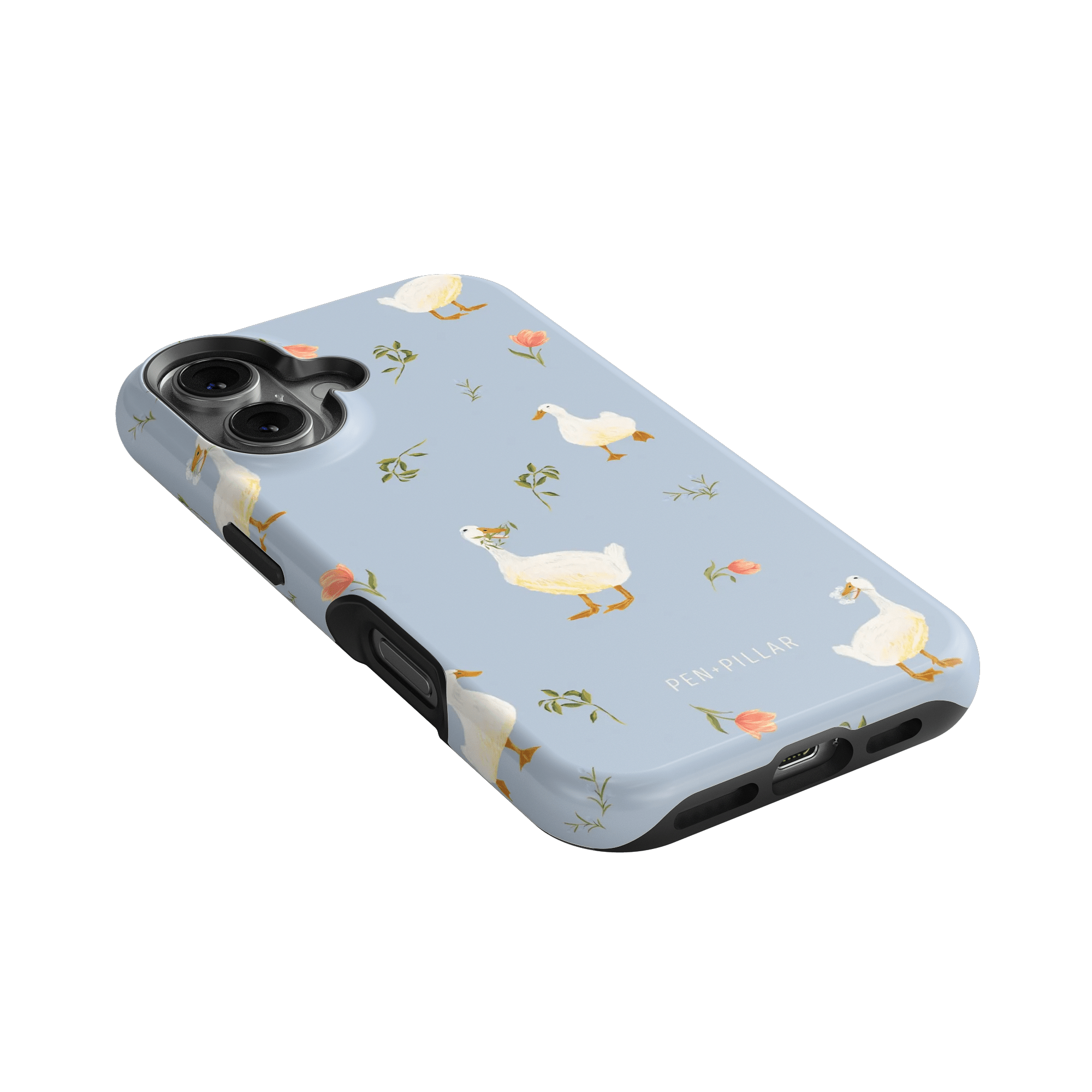 Ducks iPhone case featuring a light blue background with white ducks and floral accents.