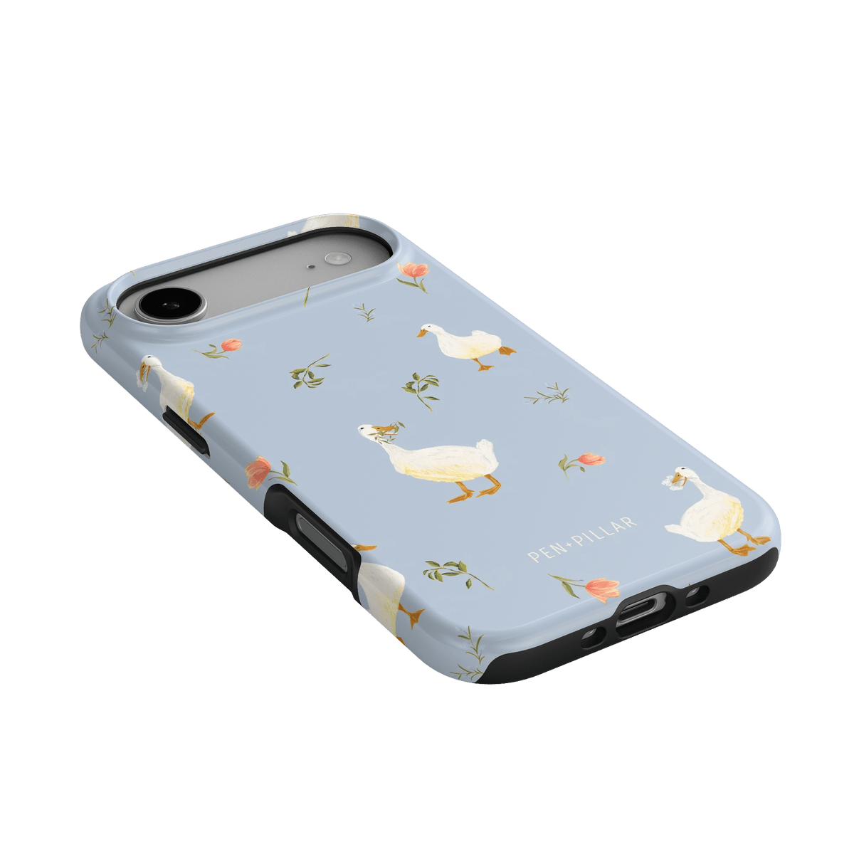 Ducks iPhone case featuring a light blue background with illustrated ducks and floral accents.