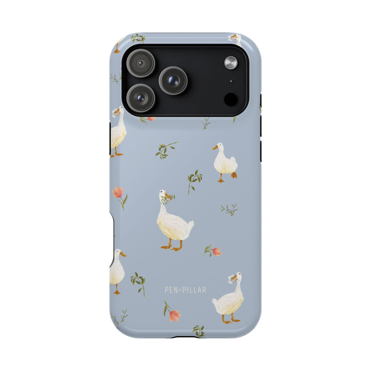 Ducks iPhone case with a light blue background and illustrated ducks among floral designs.