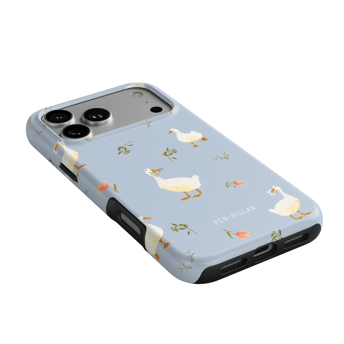 Ducks iPhone case featuring a light blue background with white ducks and floral accents, angled view showing ports.