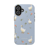 Ducks iPhone case featuring a light blue background with white ducks and floral patterns.