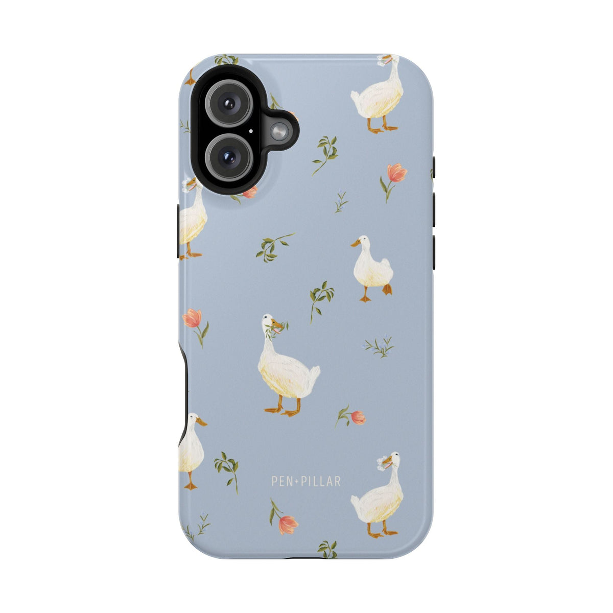 Ducks iPhone case featuring a light blue background with white ducks and floral patterns.