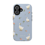 Ducks iPhone case featuring a light blue background with illustrated ducks and floral accents.