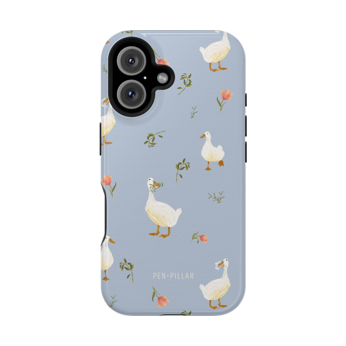 Ducks iPhone case featuring a light blue background with illustrated ducks and floral accents.