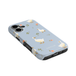 Ducks iPhone case featuring a light blue background with white ducks and floral designs.
