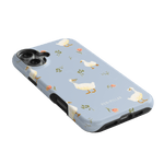 Ducks iPhone case featuring a light blue background with white ducks and floral accents.