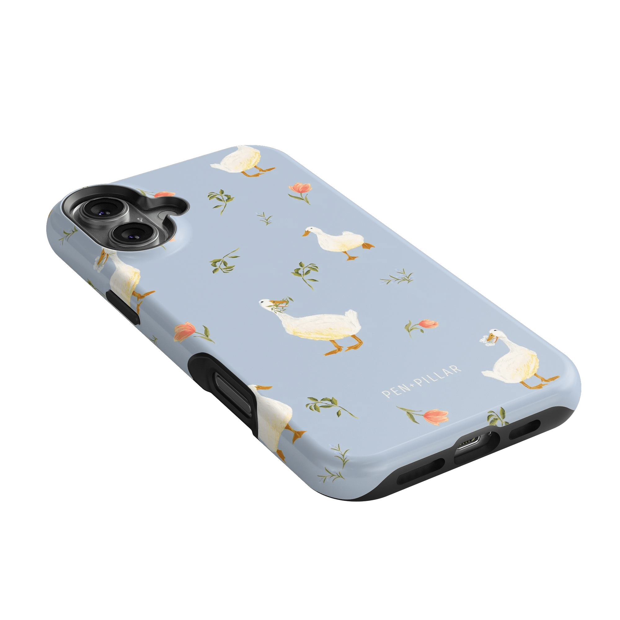 Ducks iPhone case featuring a light blue background with white ducks and floral accents.