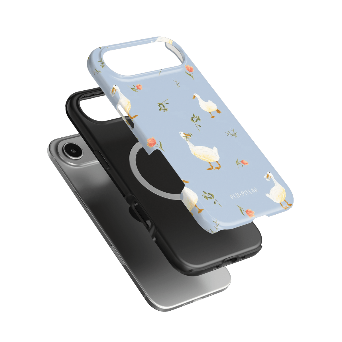 Ducks iPhone case featuring a light blue background with white ducks and floral accents, shown from multiple angles.