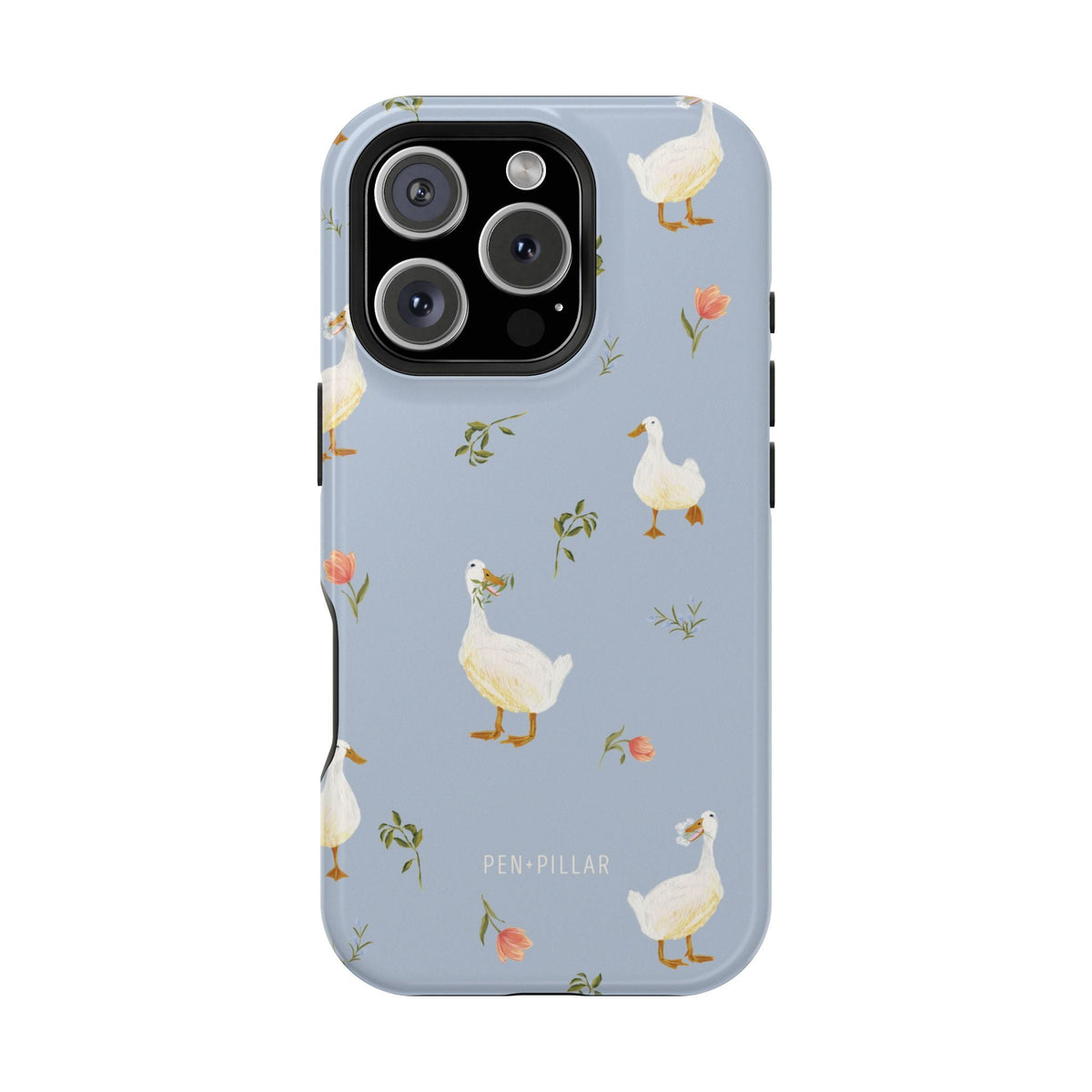 Ducks iPhone case featuring a light blue background with white ducks and pink flowers.