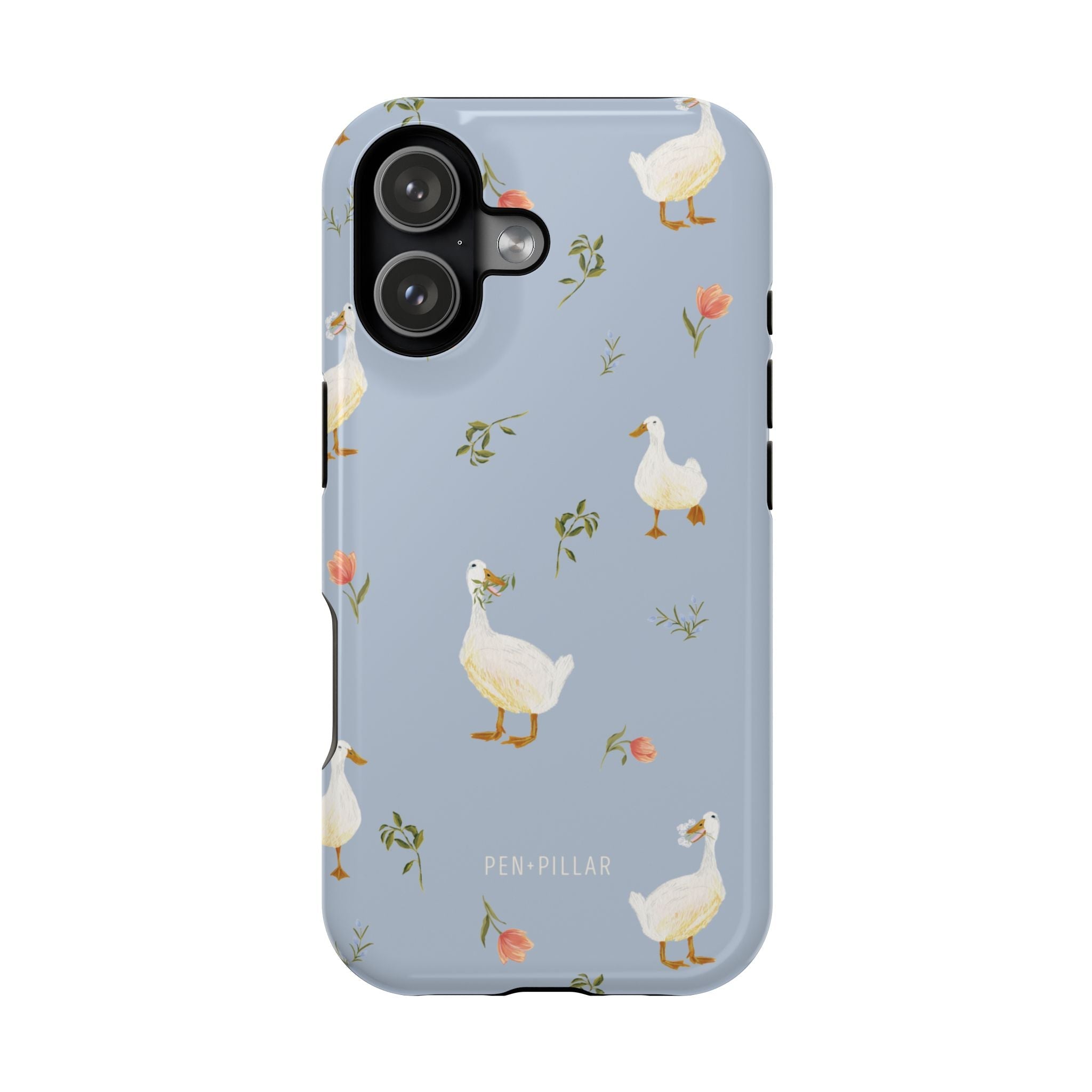 Ducks iPhone case featuring a light blue background with white ducks and pink flowers.
