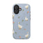 Ducks iPhone case featuring a light blue background with white ducks and pink flowers.