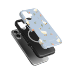 Ducks iPhone case featuring a light blue background with white ducks and pink flowers, shown from multiple angles.