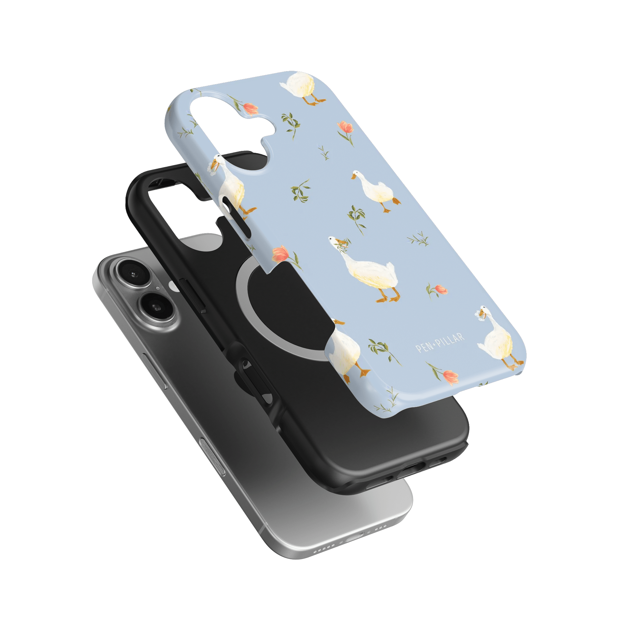 Ducks iPhone case featuring a light blue background with white ducks and pink flowers, shown from multiple angles.