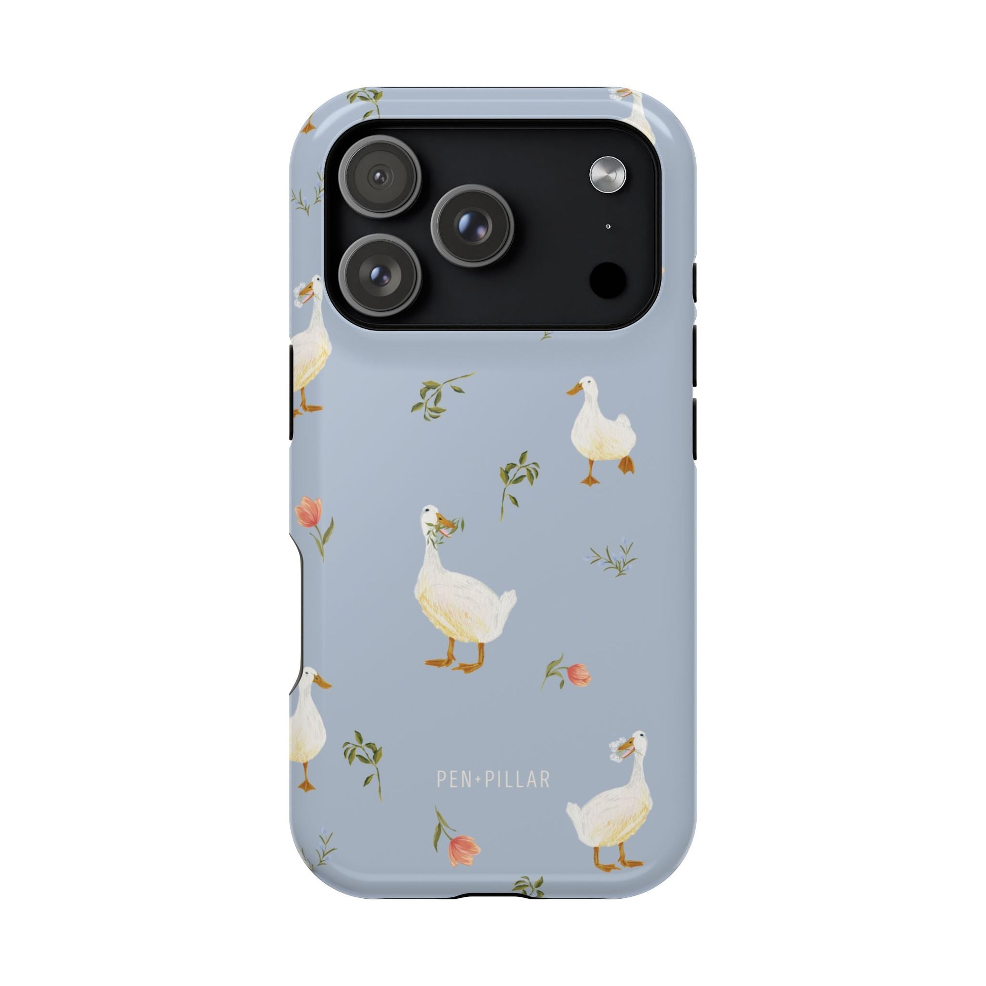 Ducks iPhone case featuring a light blue background with illustrated ducks and floral accents.