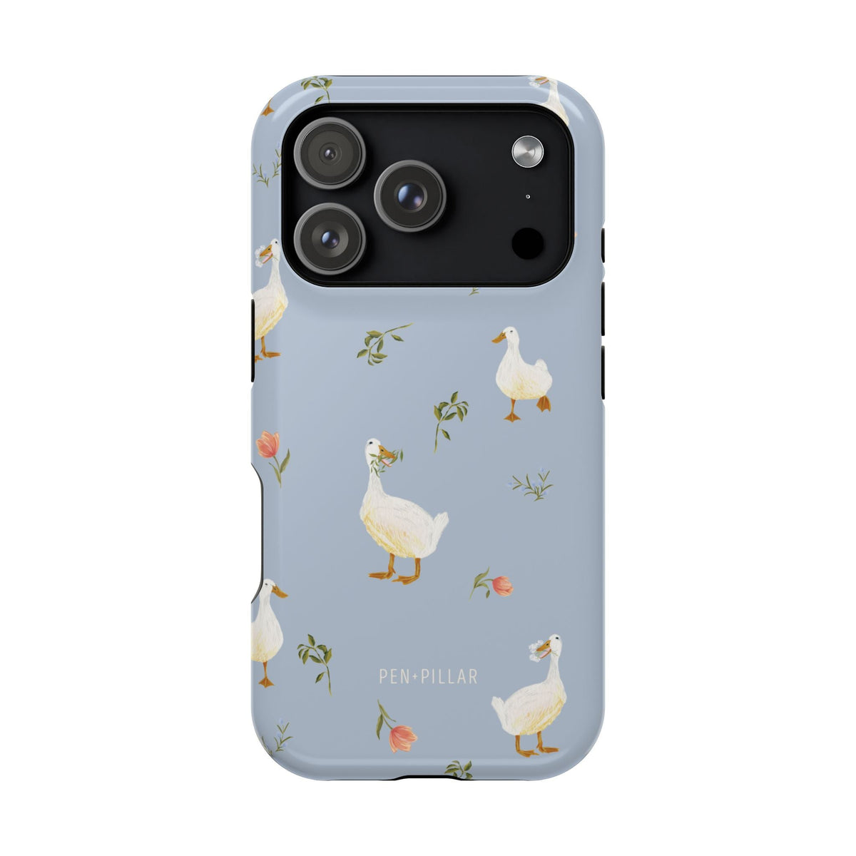 Ducks iPhone case featuring a light blue background with illustrated ducks and floral accents.
