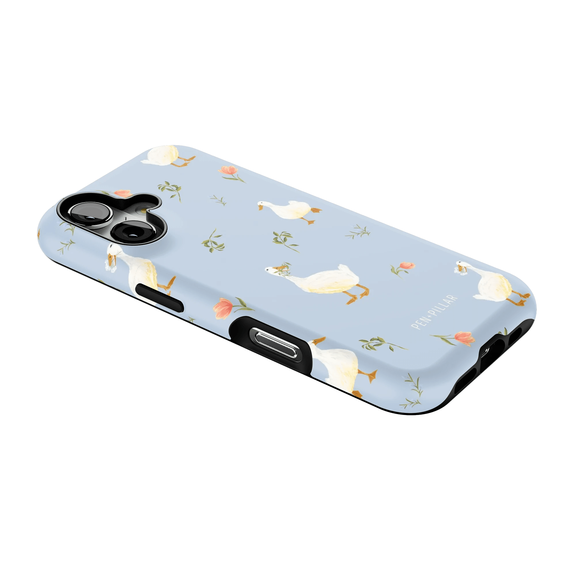 Ducks iPhone case featuring a light blue background with white ducks and pink flowers, angled to show side details.