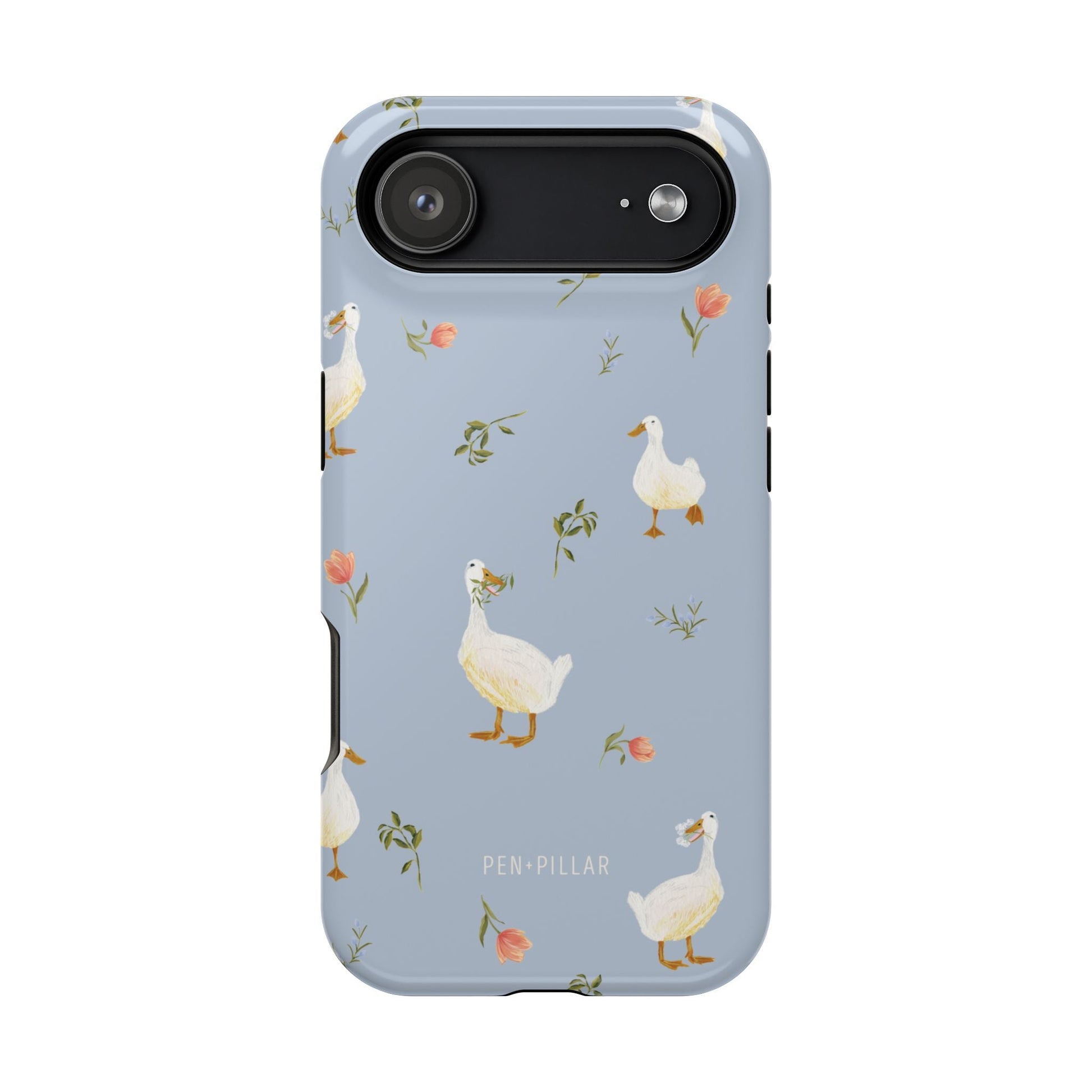Ducks iPhone case featuring a light blue background with illustrated ducks and floral accents.