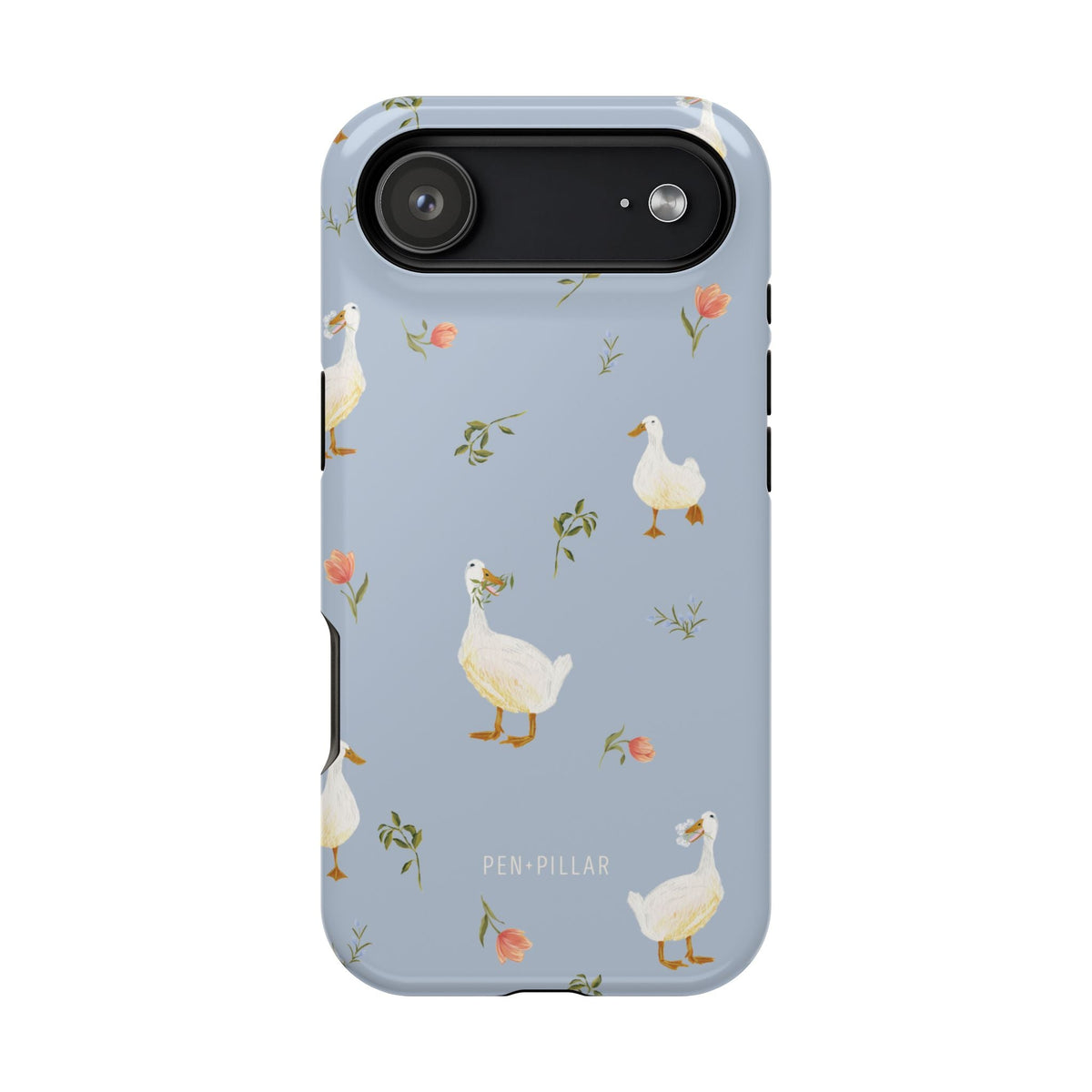 Ducks iPhone case featuring a light blue background with illustrated ducks and floral accents.