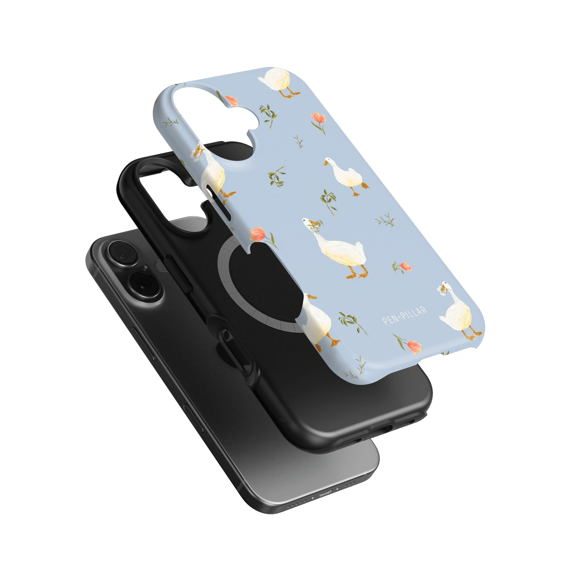 Ducks iPhone case featuring a light blue background with white ducks and pink flowers, shown from an angled view.