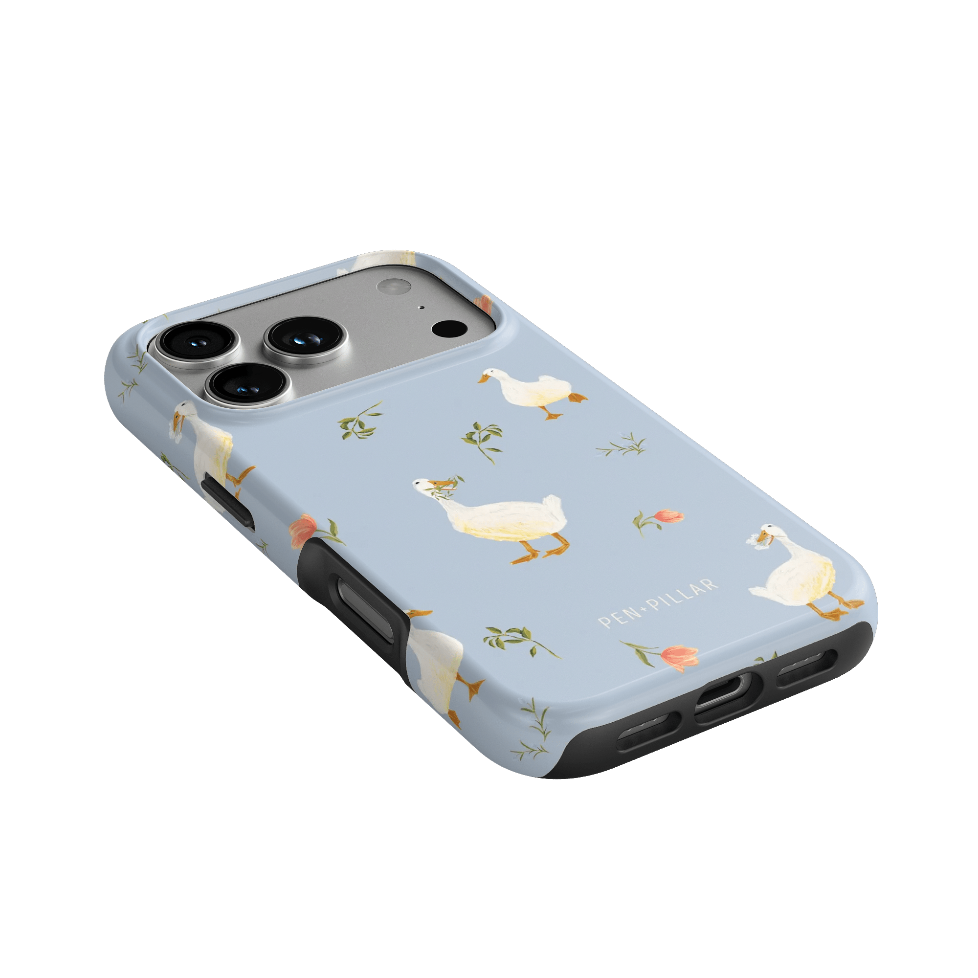 Ducks iPhone case featuring a light blue background with white ducks and floral accents.