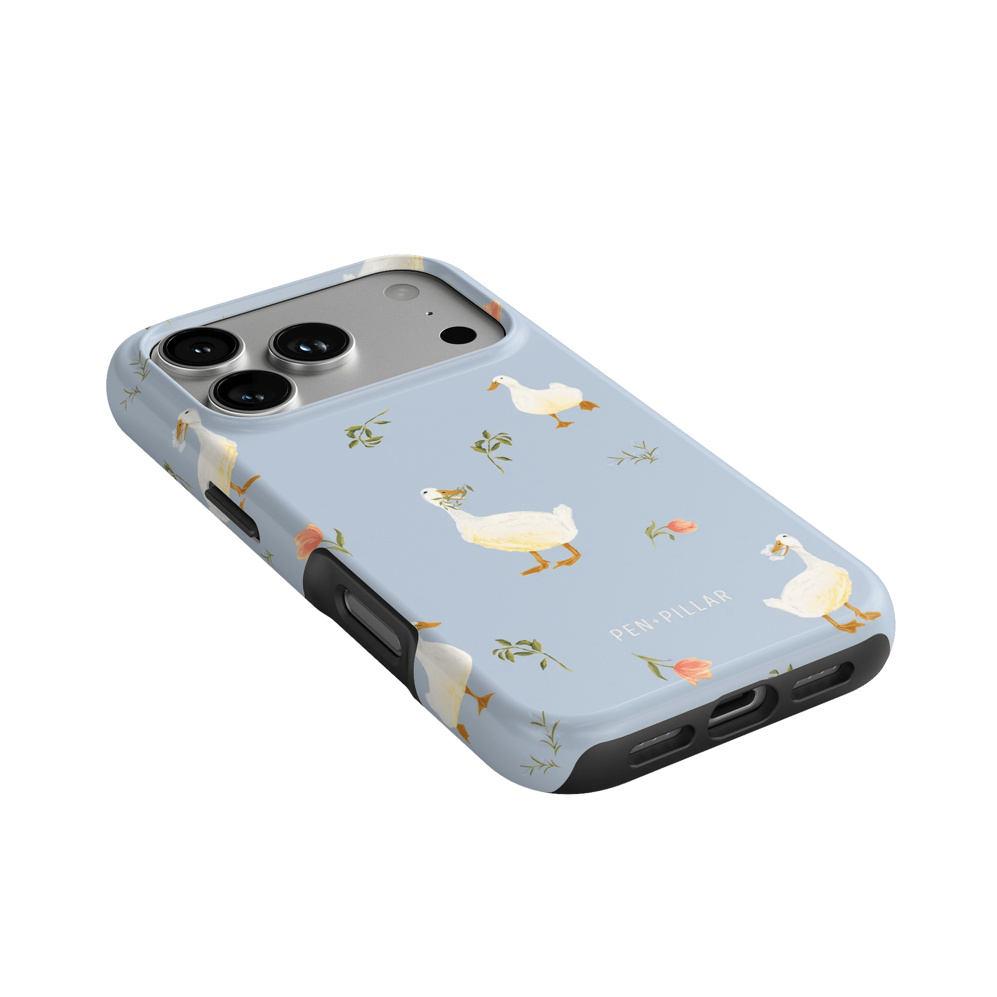 Ducks iPhone case featuring a light blue background with white ducks and floral accents.