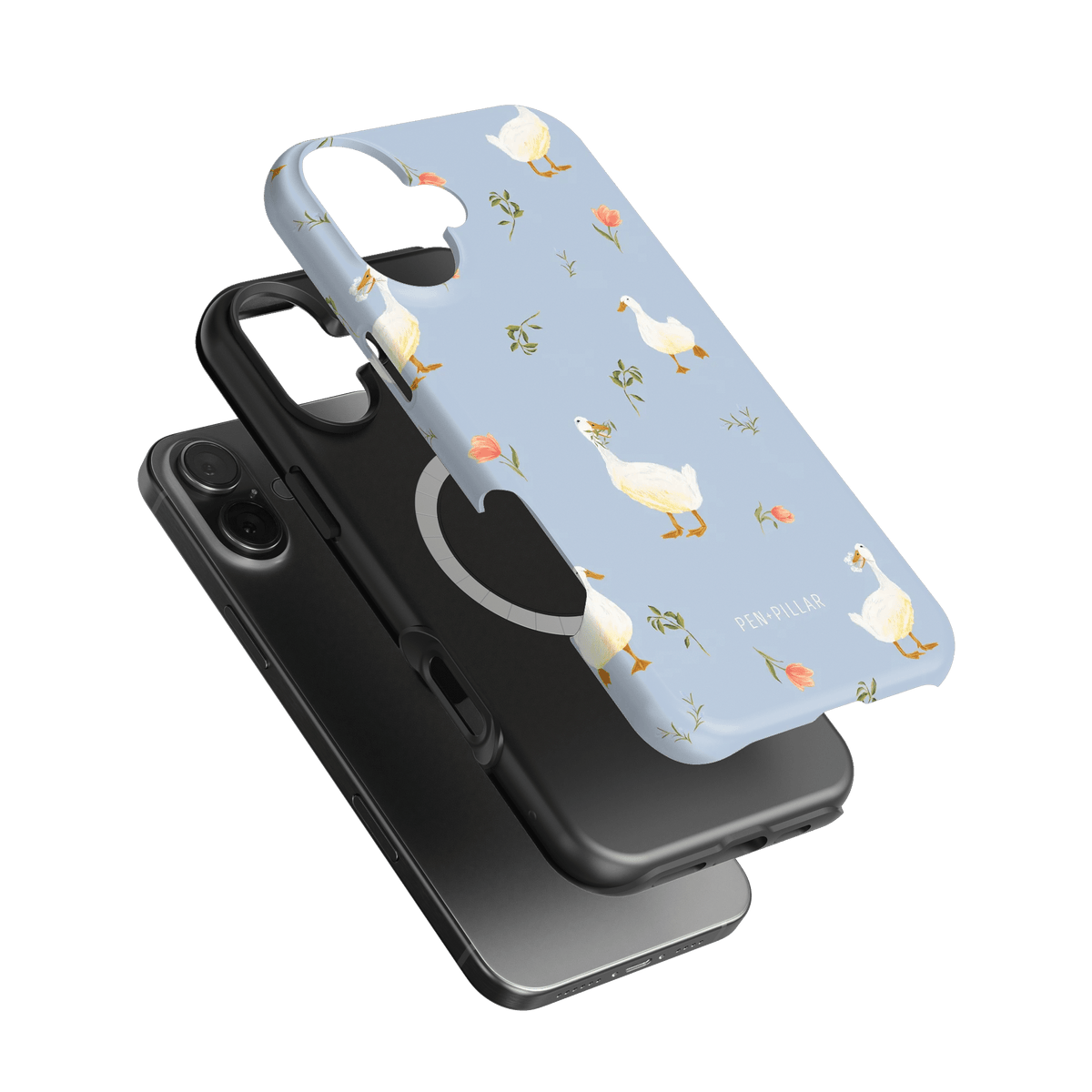 Ducks iPhone case featuring a light blue background with white ducks and pink flowers, angled to show design details.