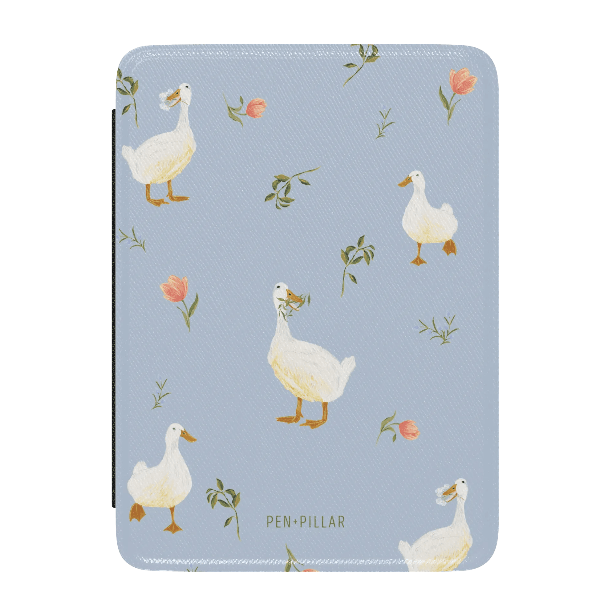 Ducks Kindle case featuring a light blue background with illustrated ducks and flowers.