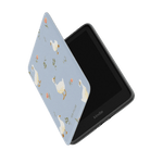 Ducks Kindle case with a light blue background, featuring white ducks and floral designs, partially open to show the device.