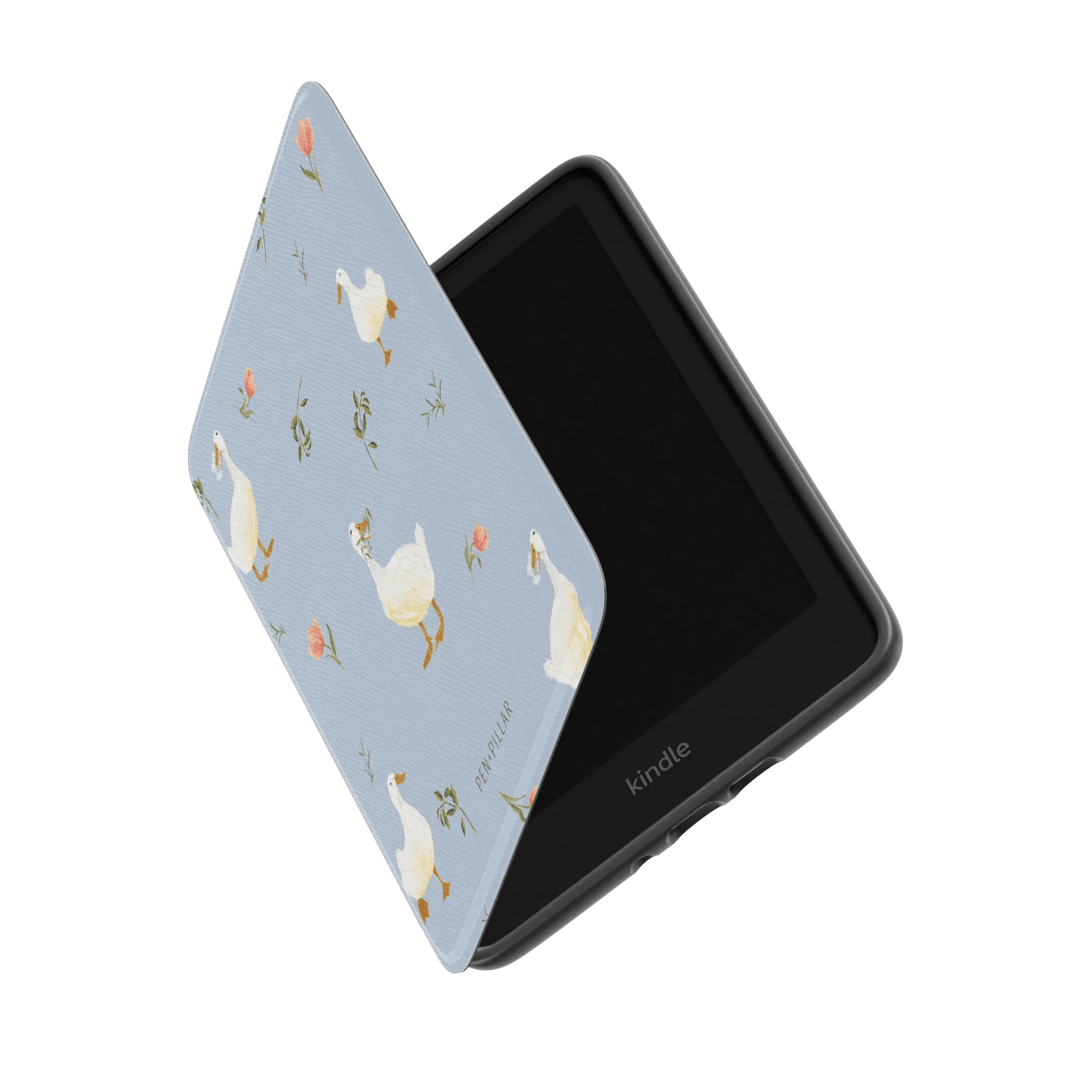 Ducks Kindle case with a light blue background, featuring white ducks and floral designs, partially open to show the device.