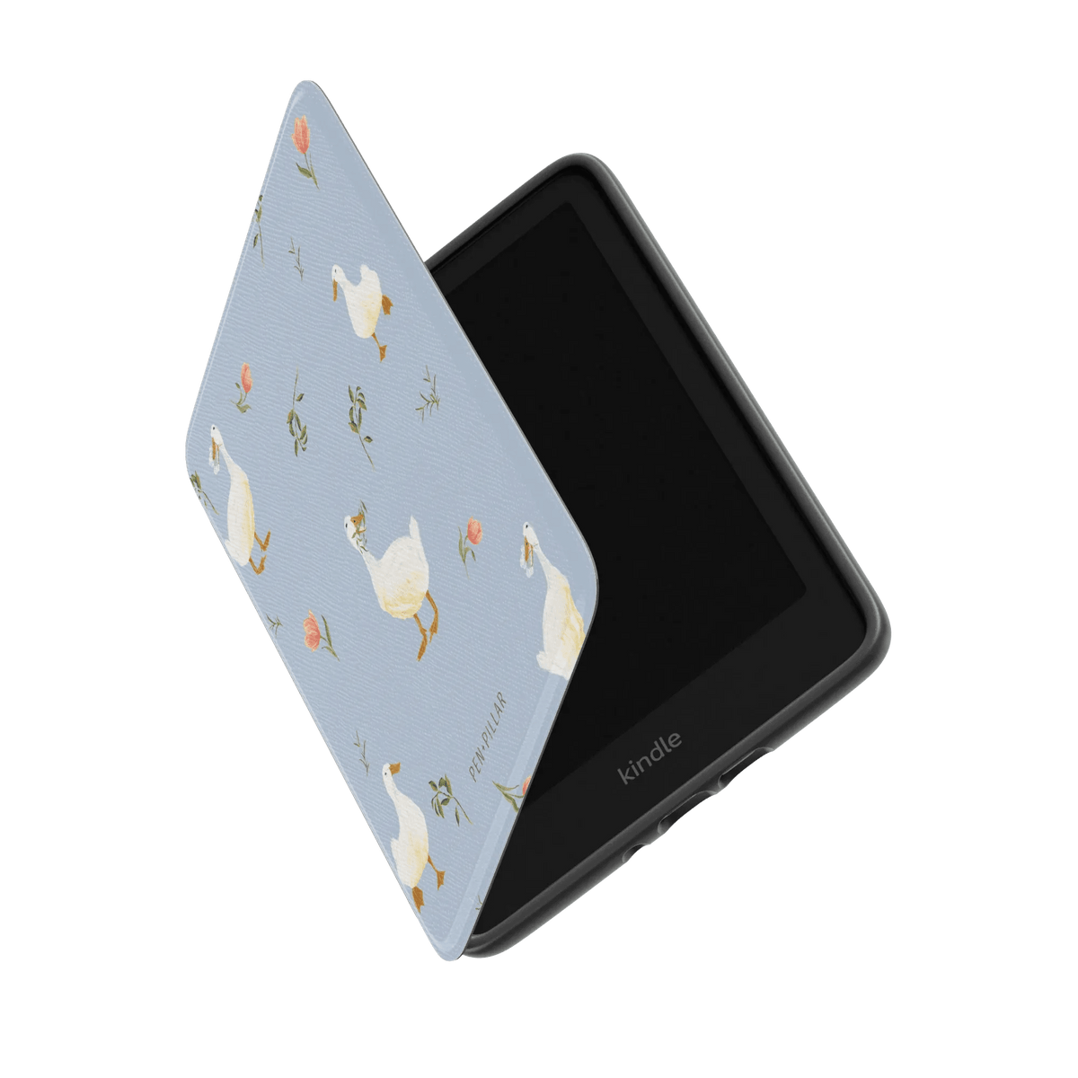 Ducks Kindle case with a light blue background, featuring white ducks and floral designs, partially open to show the device.