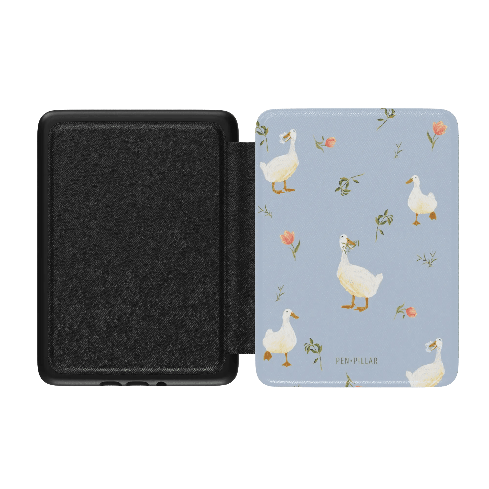 Ducks Kindle case with a light blue background and white ducks among floral patterns, open to show interior.