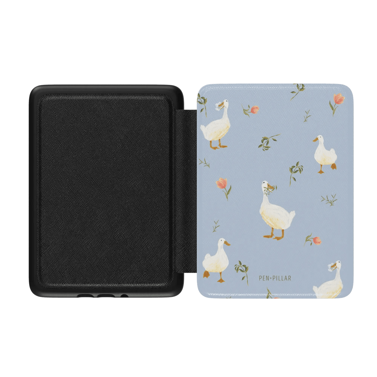 Ducks Kindle case with a light blue background and white ducks among floral patterns, open to show interior.