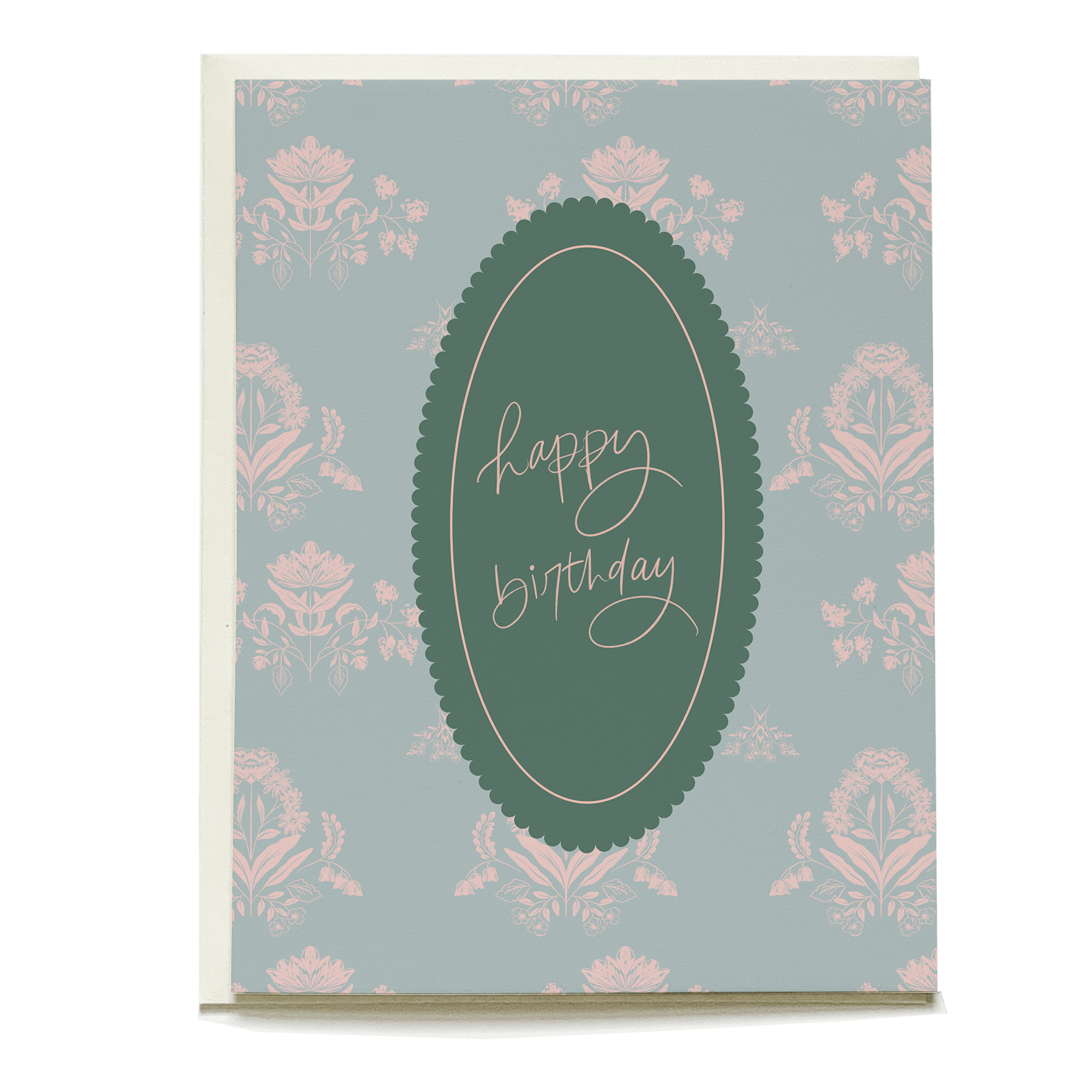 Eclipse birthday card featuring a floral design in pink and green with "happy birthday" text in elegant script.