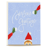 Elf greeting holiday card featuring a snowy background, red mittens, and a child in a Santa hat.