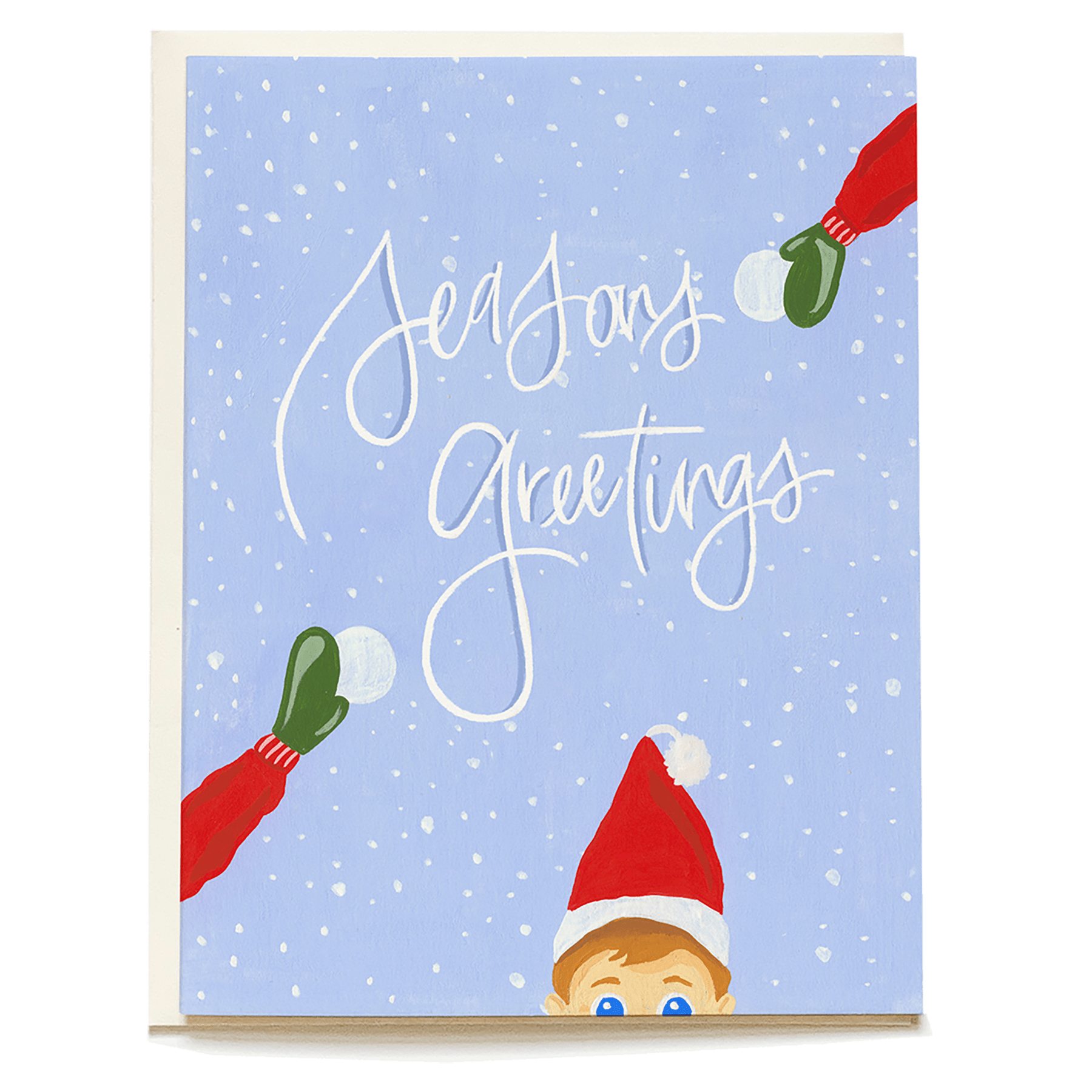 Elf greeting holiday card featuring a snowy background, red mittens, and a child in a Santa hat.