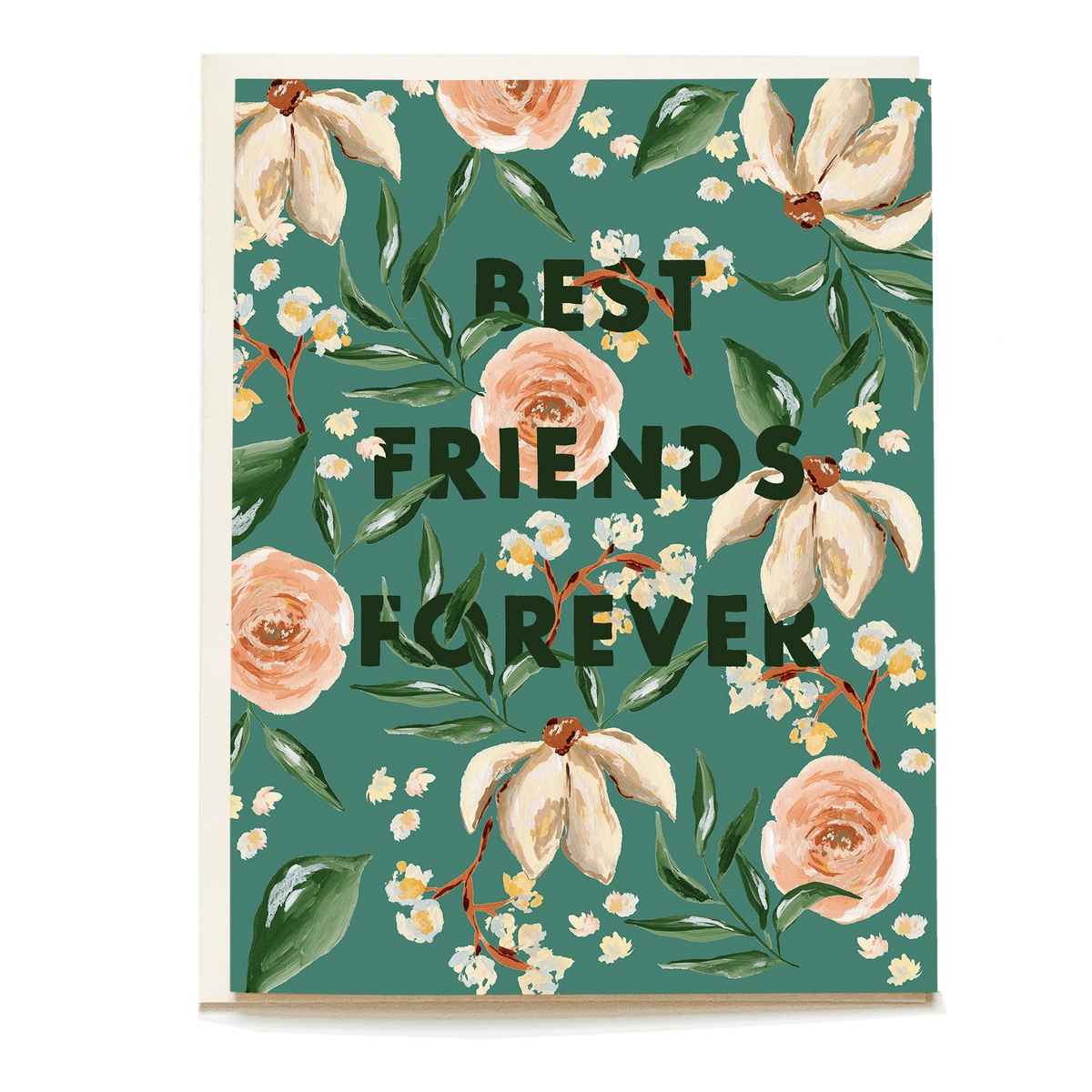Elora friendship card featuring floral design with text "Best Friends Forever" on a teal background.