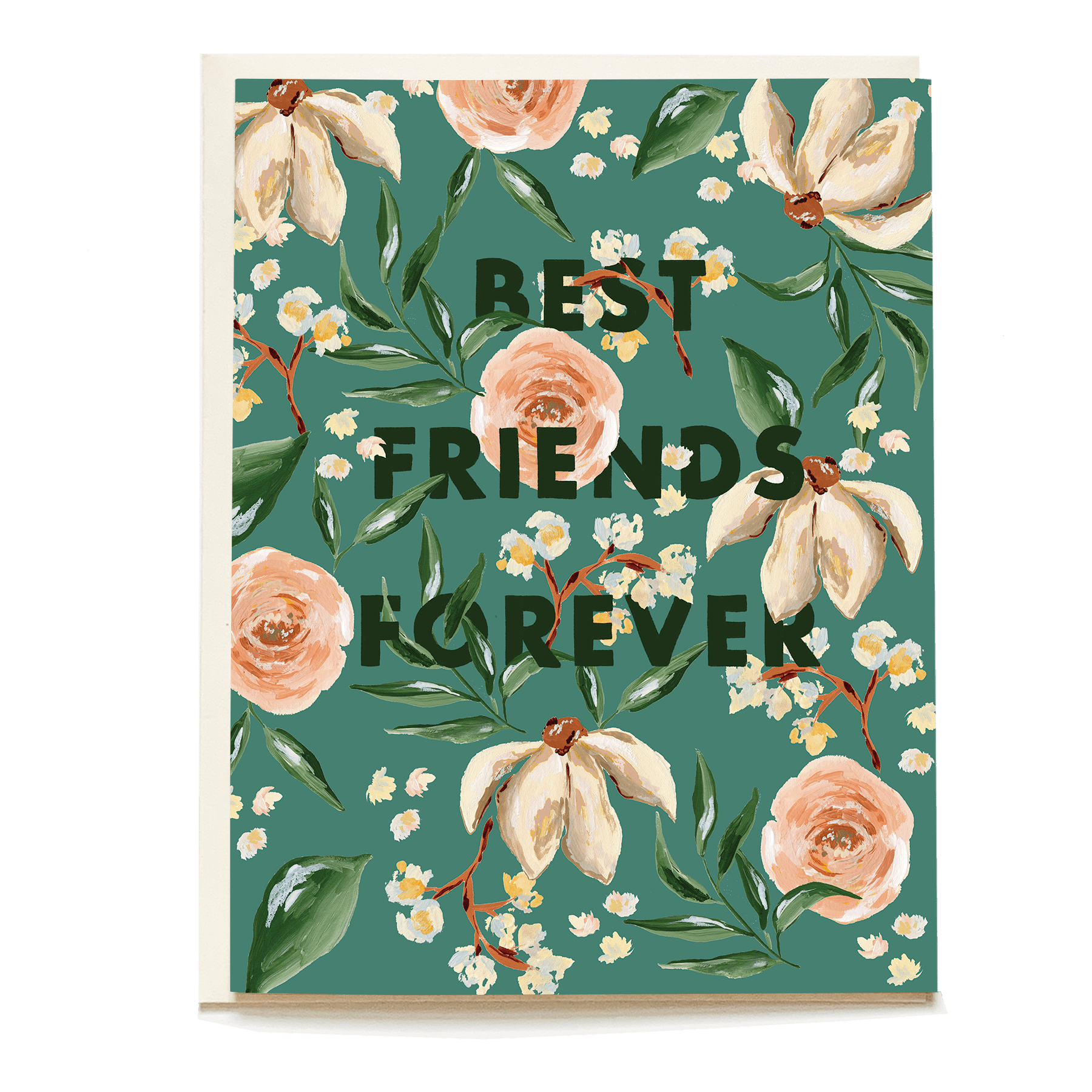 Elora friendship card featuring floral design with text "Best Friends Forever" on a teal background.