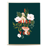 Emerald Blooms Miss You card featuring pink and white flowers on a dark green background with bold red text.
