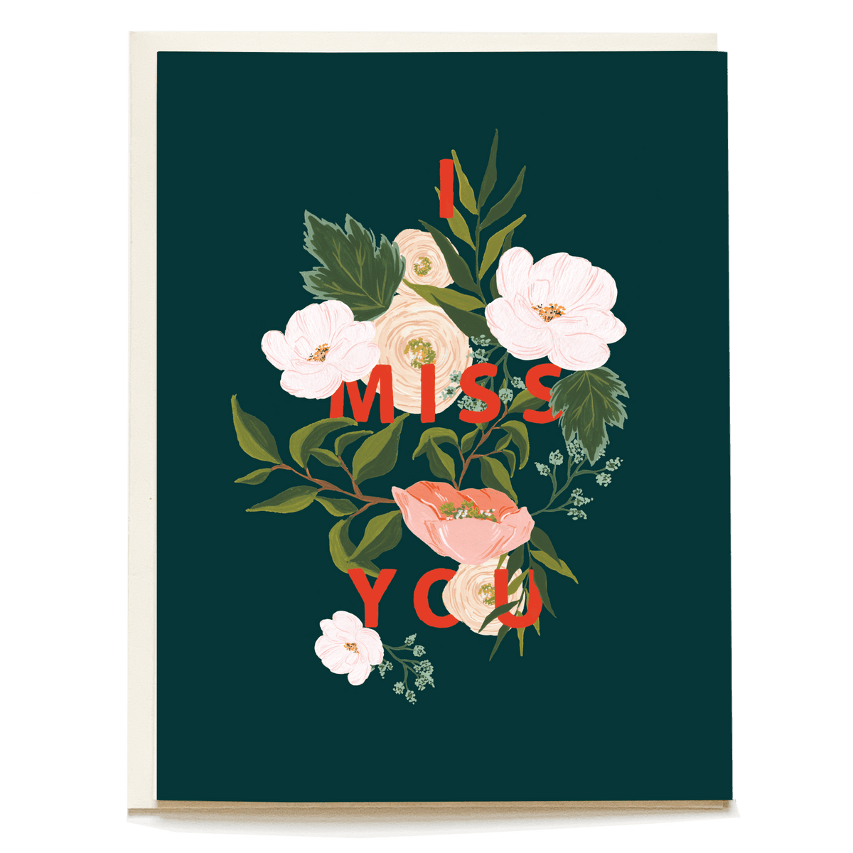 Emerald Blooms Miss You card featuring pink and white flowers on a dark green background with bold red text.
