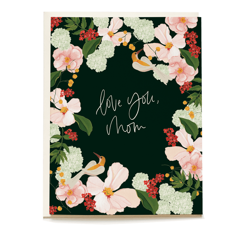Emerald Garden Mother's Day card featuring pink flowers, green foliage, and a hummingbird with the text "Love you, Mom.