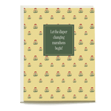 Emile Baby Card featuring a yellow floral design with the text "Let the diaper changing marathons begin!" in a green box.